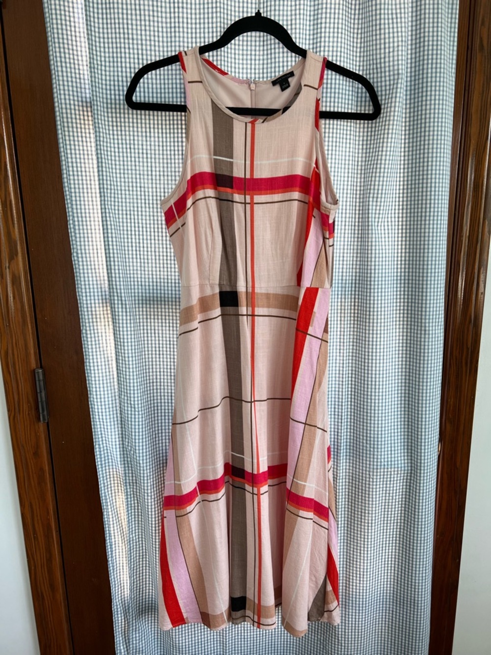 Ann Taylor Sleeveless Midi Dress in Pink, Red and Brown Plaid